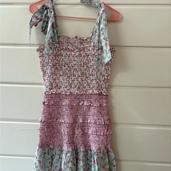LOVESHACKFANCY x TARGET Adeline Smocked Ruffled Floral Tie Strap Mini Dress - Picture 8 of 9